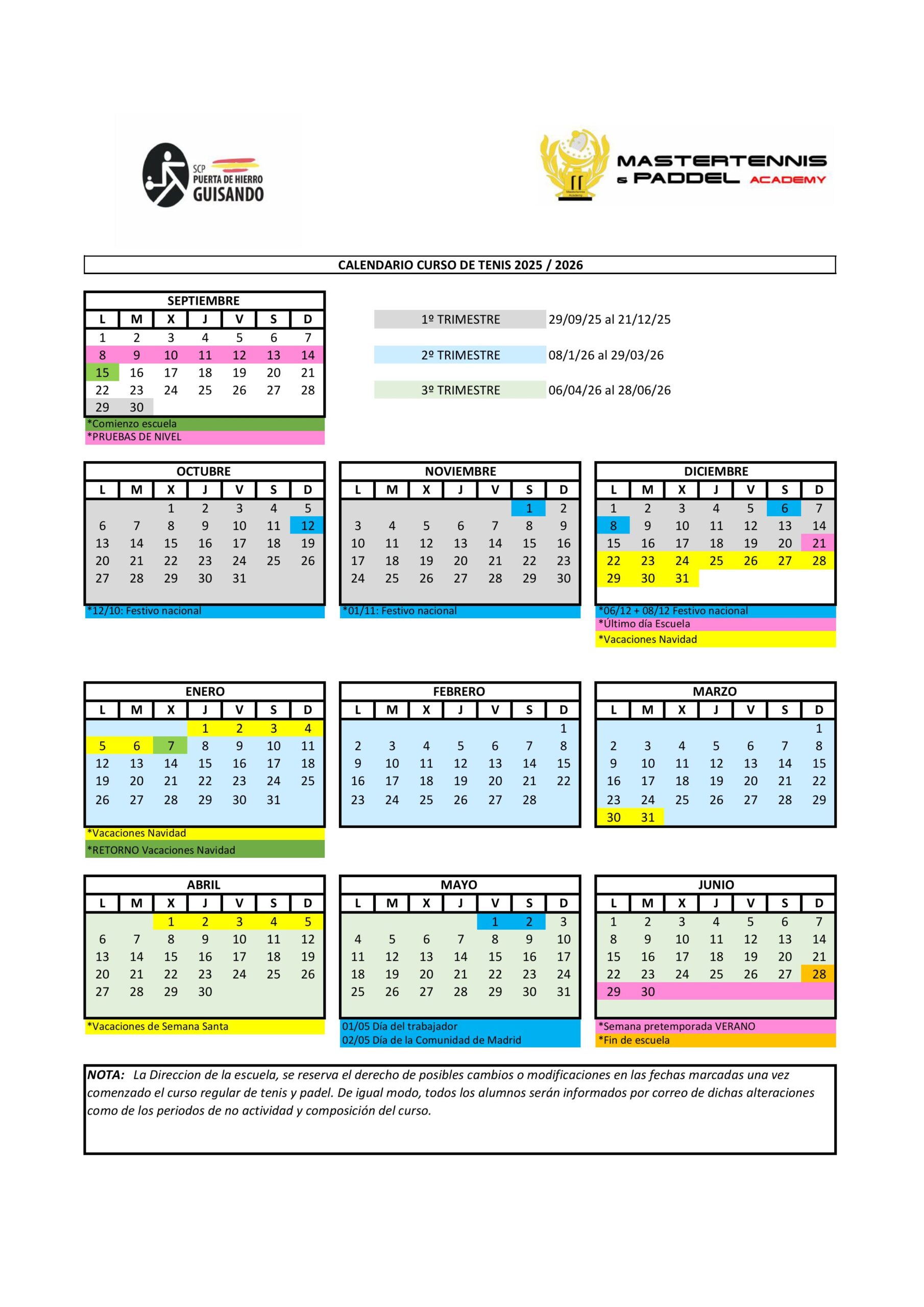 Calendario cursos de tenis 25/26